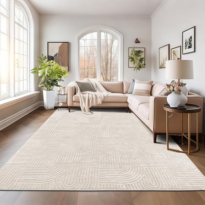 Pauwer 9x12 Washable Area Rugs for Living Room Modern Beige Solid Color Soft
