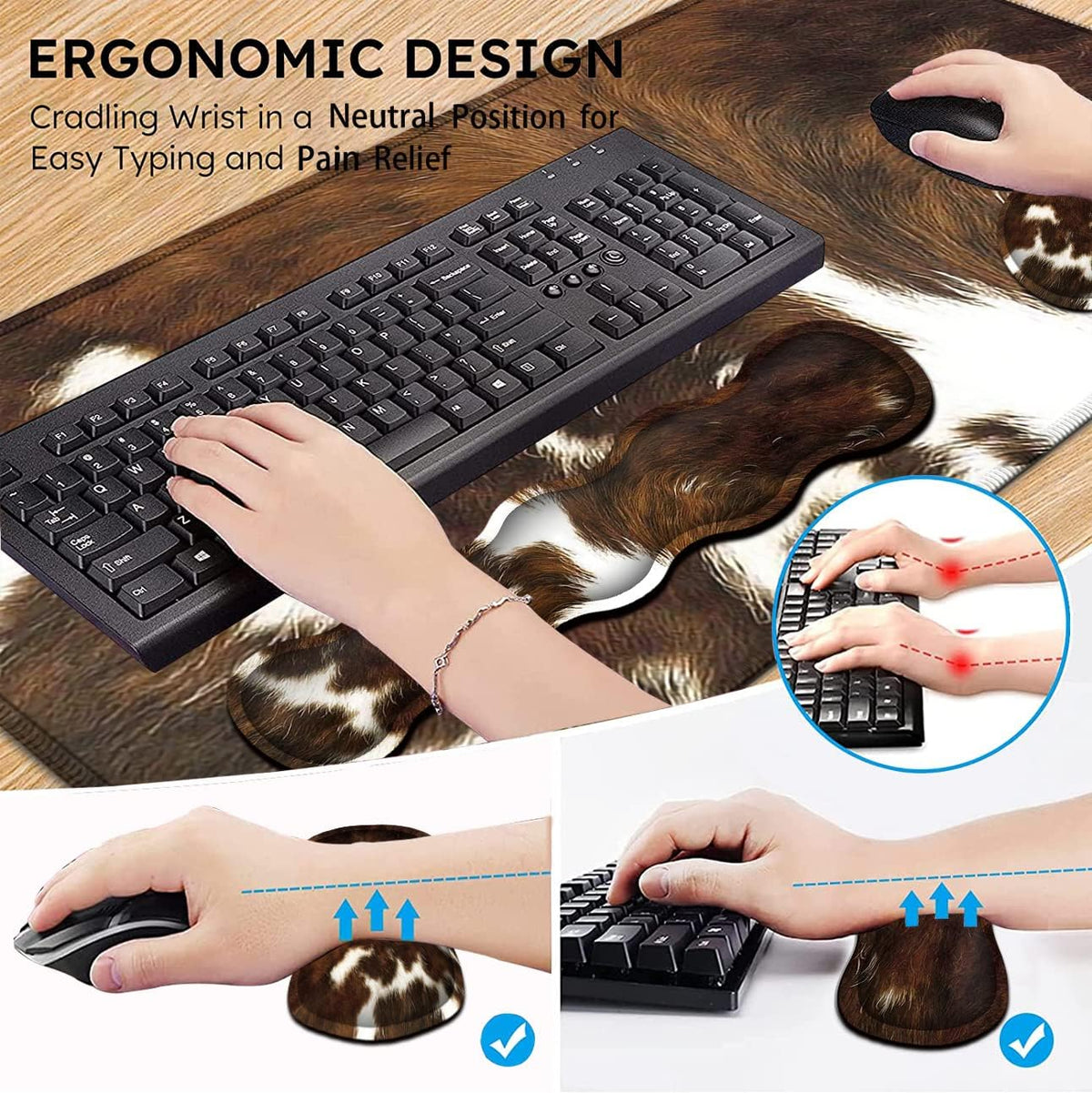 JVGFYNKL Gaming Mouse Pad XXL Large Desk Cute Mat Brown Cowhide Extended Mousepad Ergonomic Memory Foam Keyboard Wrist Rest, Stitched Edges Desk Pad(31.5x11.8 in) Extended Large Mousepads
