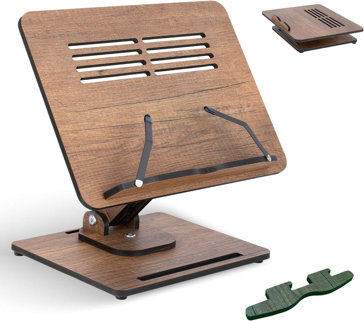 Vigo Wood 360° Rotating Book Stand, Tilt and Height Adjustable Laptop and Cookbook Holder, Foldable Reading Desk (Walnut)