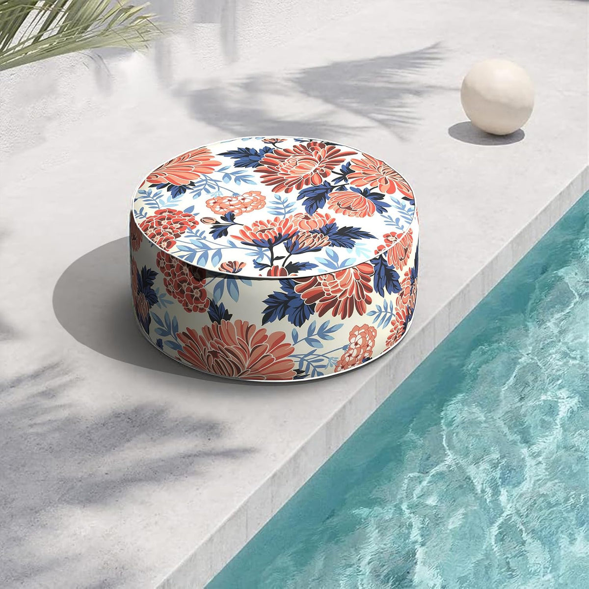 Indoor/Outdoor Inflatable Ottoman with Handle, Decorative Fade-Resistant Round Footstool D21 x H9 inch, Portable Ottoman Pouf for Patio Garden Camping, Red Chrysanthemum