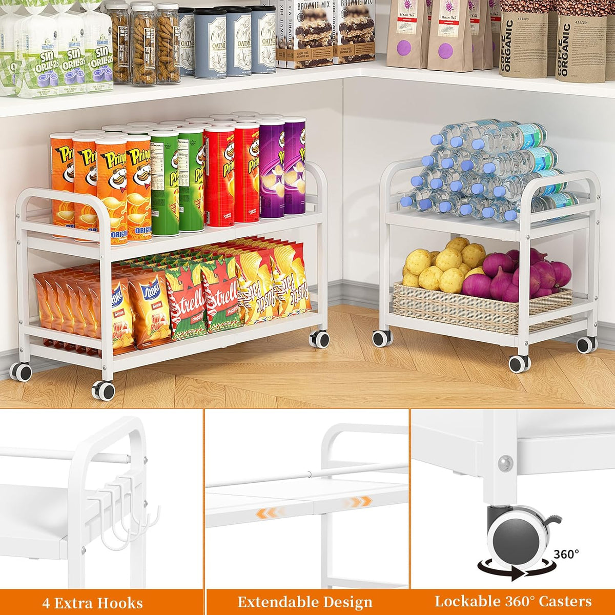 2-Tier Expandable Rolling Cart, Pantry Storage Cart with Wheels, Adjustable Rolling Pantry Floor Organizer