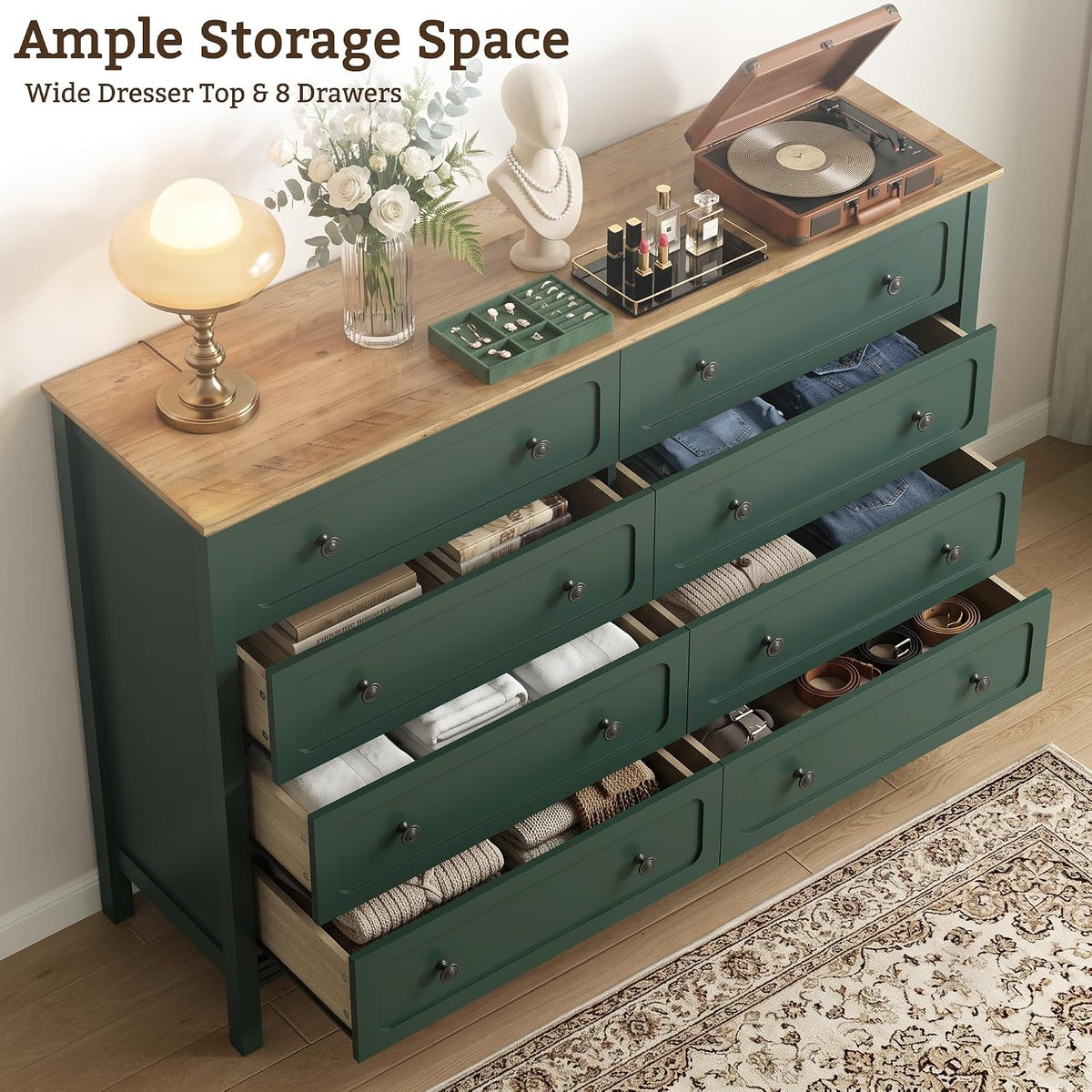Tradare Green Dresser for Bedroom, 8 Drawer Dresser with Metal Handles, 55" Wide Modern Dressers & Chest of Drawers for Living Room, Hallway, Entryway
