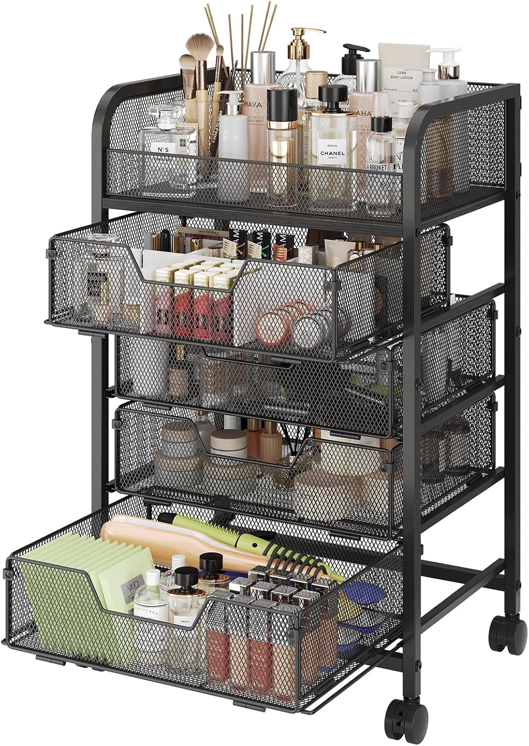 Hongtamoya Makeup Cart Organizer with 4 Drawers, Vanity Storage Organizer, Large Floor Skincare Organizers Cosmetics Display Cases for Skin Care Perfume Nail Polish, Black