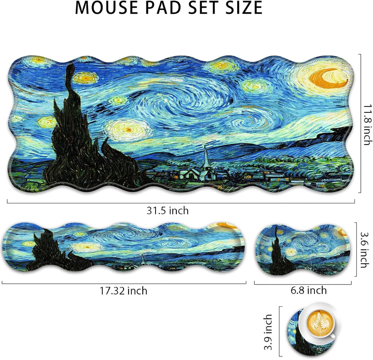 4 in 1 Desk Mat Set,Mouse Pad with Keyboard Wrist Rest,Wave-Shaped Design,Non-Slip Rubber Base,Waterproof,for Home,Office,Gaming,Starry Night