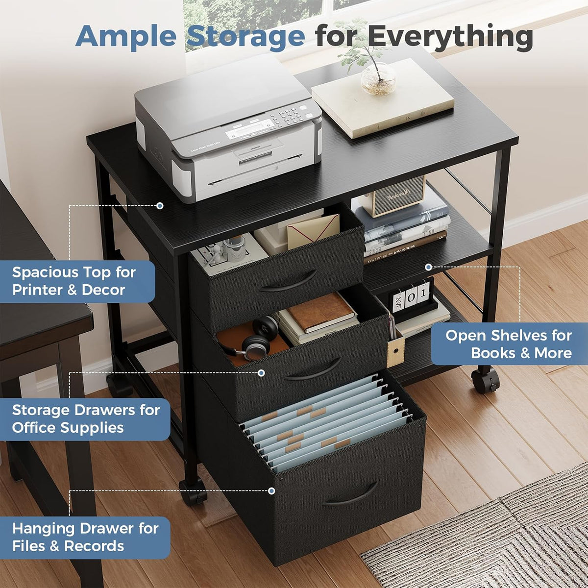 OLIXIS Mobile File Cabinet with 3 Drawers, Rolling Under Desk Storage