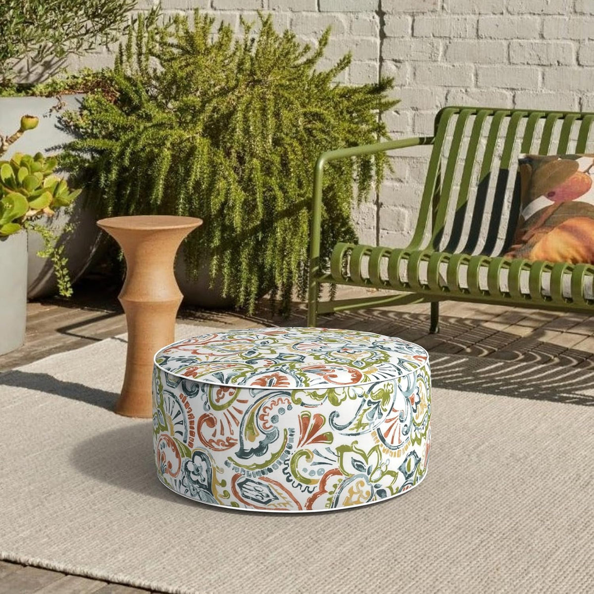 Outdoor Patio Inflatable Ottoman, 21x9 Inch Portable Stool Ottoman with Handle, Round Footrest Stool for Home Garden Camping, Paisley Botanical