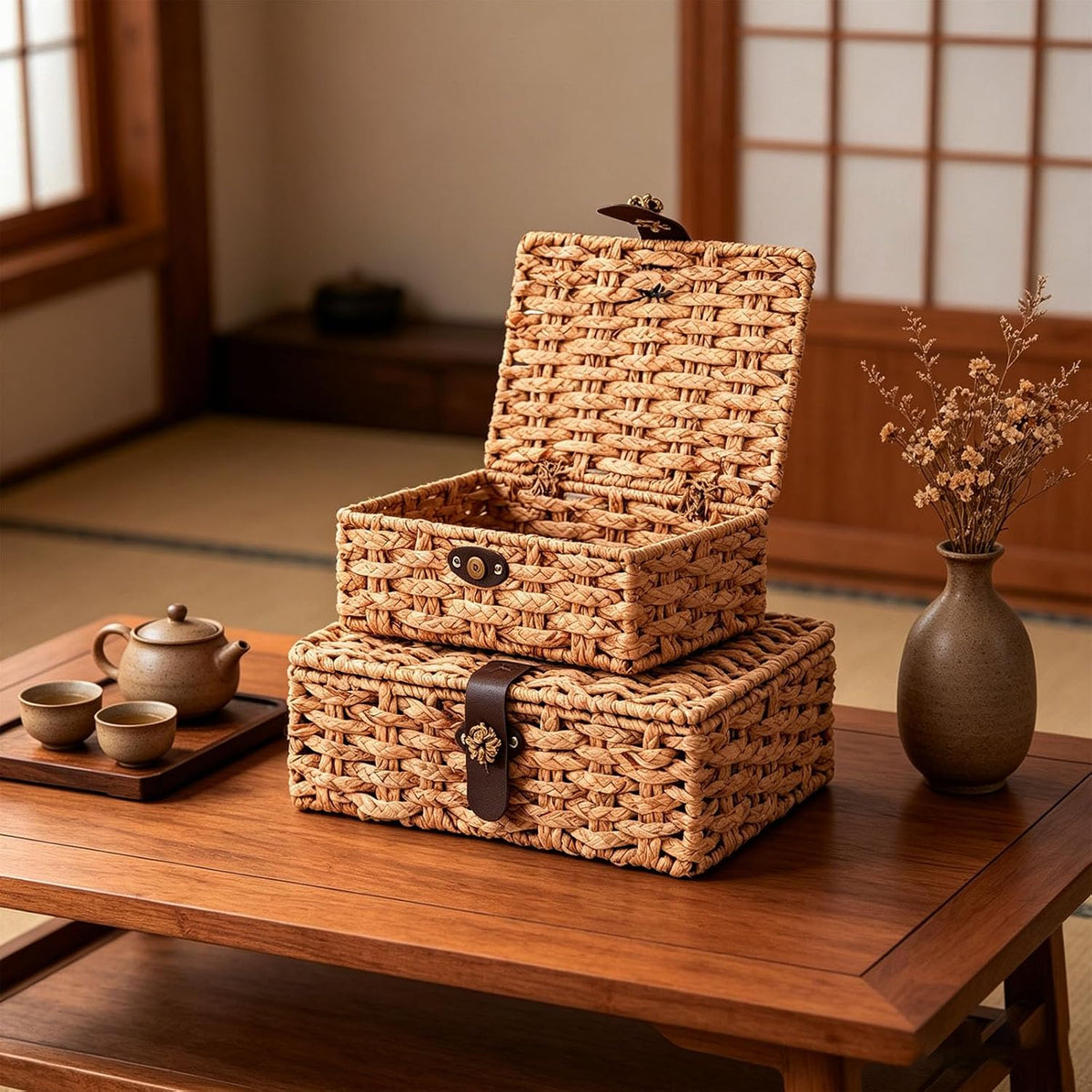 Water Hyacinth Wicker Storage Box with Lid （Large）