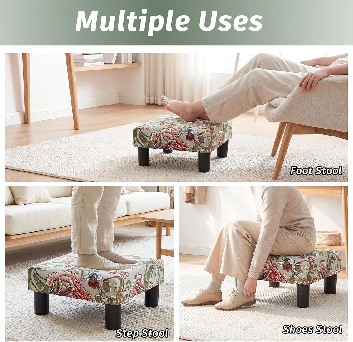 Joveco Small Foot Rest Stool Ottoman, 15" Fabric Square Footstool Upholstered Footrest for Chair, Under Desk, Office, Living Room, Boho Floral
