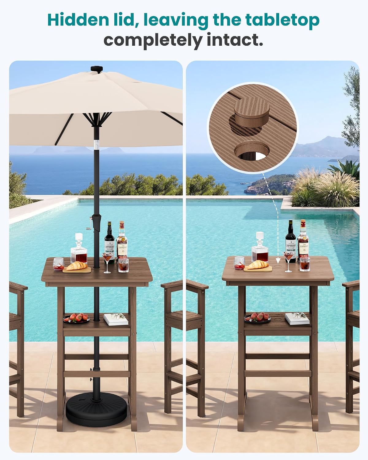 SERWALL 3 Pcs HDPE Bar Height Chairs and Double Layer Pub Table Set, Brown