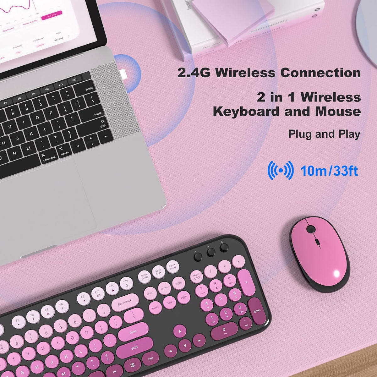 Dilter Wireless Keyboard and Mouse Combo, 104 Keys Full Size Typewriter Keyboards, 2.4G USB Plug and Play for Windows 7 8 10 11, PC, Laptop, Desktop, Black & Pink
