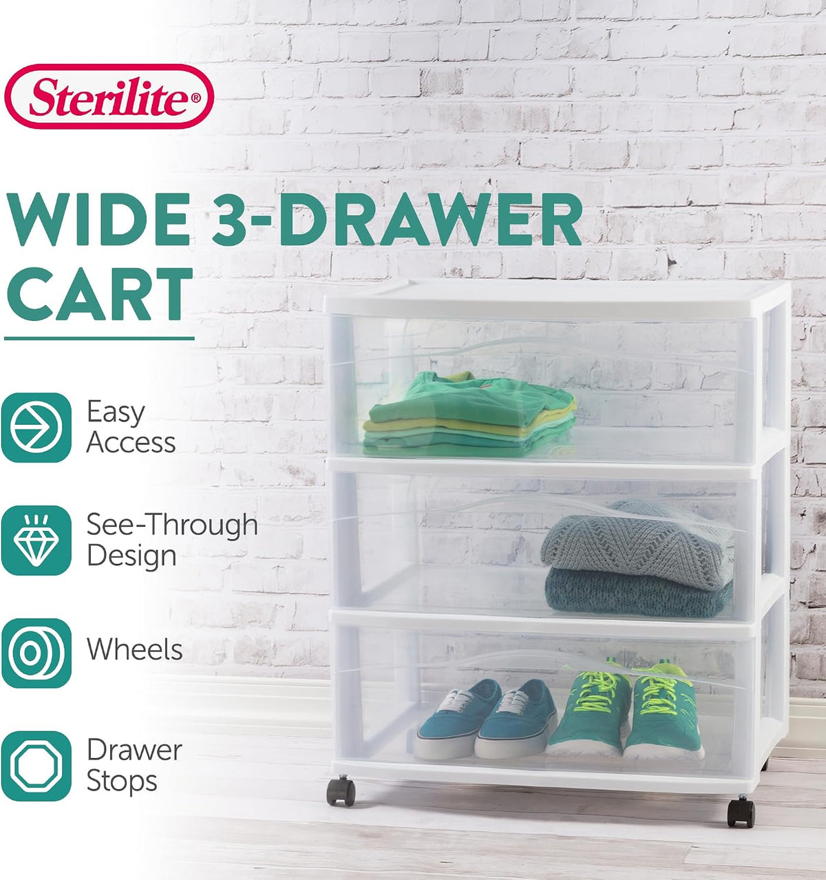 Sterilite Wide 3 Drawer Storage Cart Plastic Rolling Organizer, White Frame