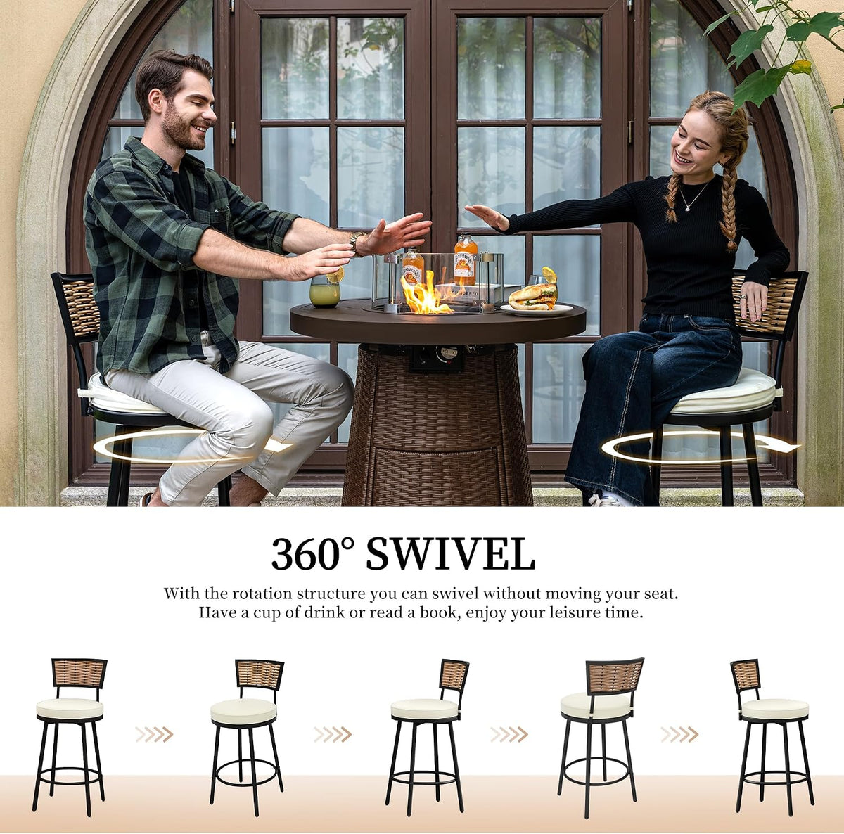 PIZZELLO Patio Swivel Bar Stools Set of 2, Outdoor Bar Height Chairs