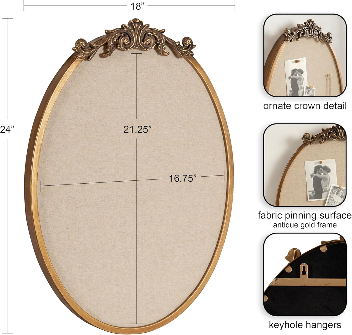 Kate and Laurel Arendahl Decorative Oval Pinboard, 18 x 24, Gold, Framed Round Ornate Vintage Cork Board for Use as Motivational Vision Board or Wall Organizer