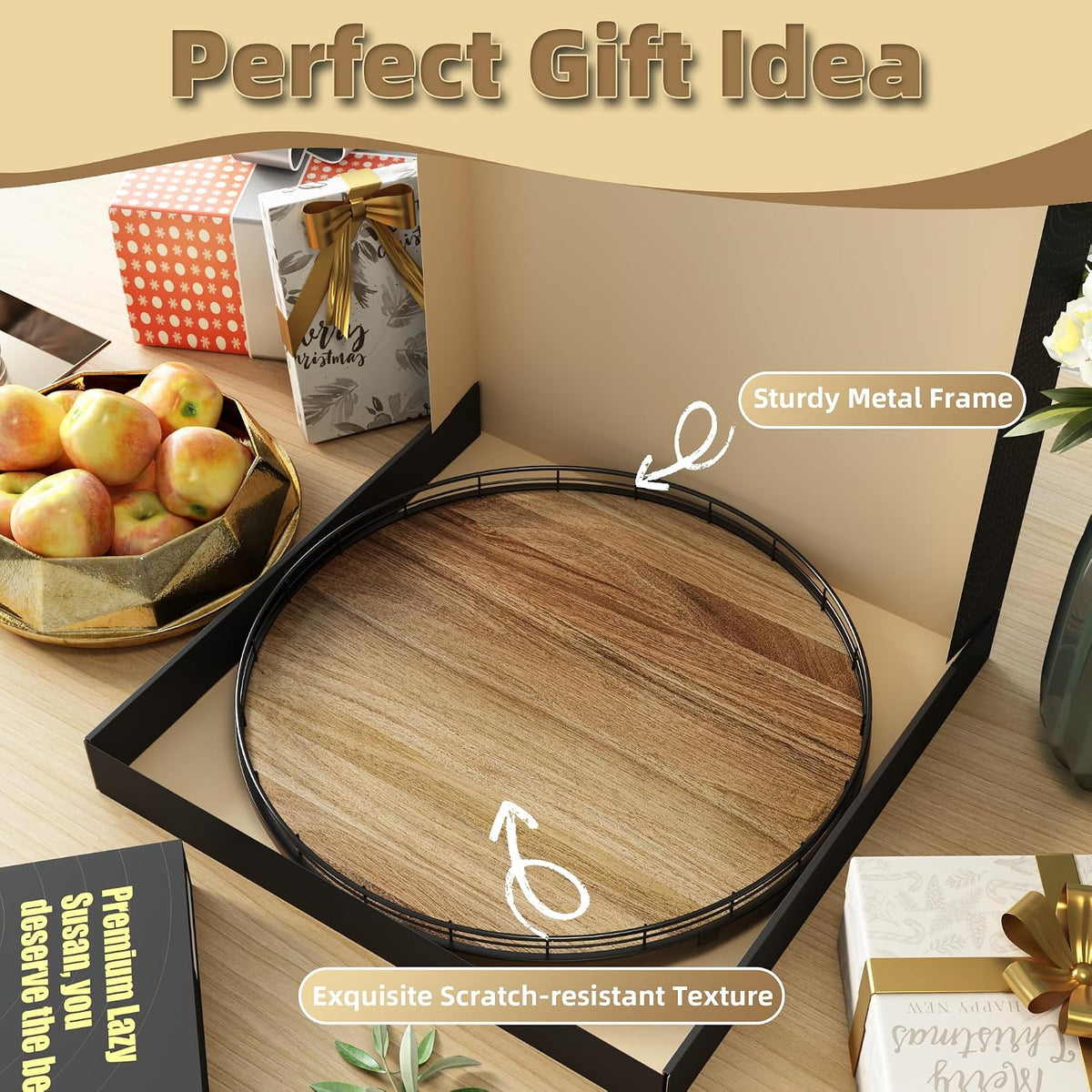 Acacia Wood 18" Lazy Susan Turntable Organizer for Table Top, Farmhouse Large Round Lazy Susan for Cabinet Kitchen Centerpieces Dining Table, for Condiments Charcuterie, Bathroom Vanity Tray Decor