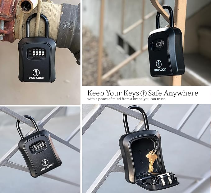 Iron Lock® Key Lock Box Portable with U-Shackle & Wall Mount – Medium Waterproof Heavy-Duty Metal Safe with 4-Digit Combination for Spare Keys Outside on Door Knob, Fence or Gate (Black, Medium)