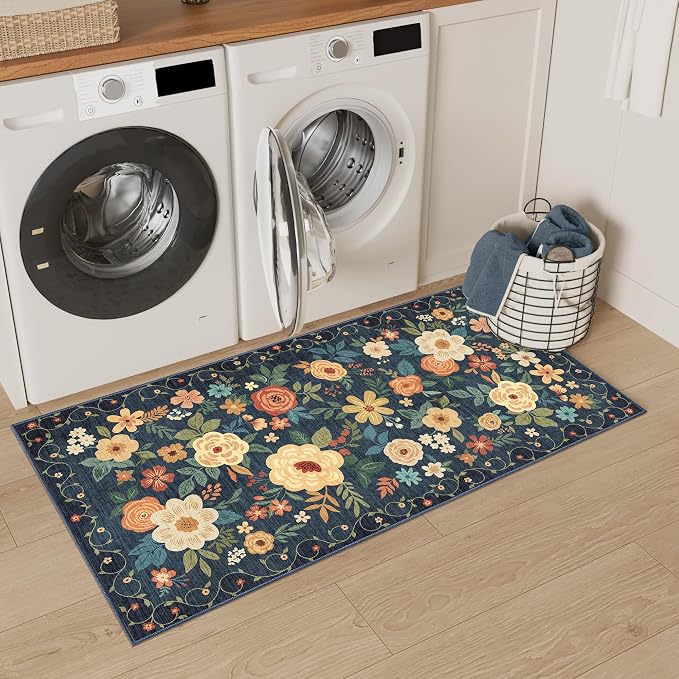 DUKINO 2x4 Rug for Entryway, Washable Kitchen Floral Runner Rug