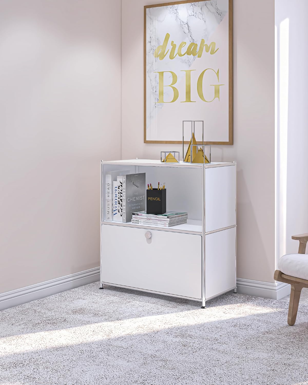 32.5-Inch Flip-Top Storage Cabinet with Detachable Wheels, Metal Side Table and Small Sideboard Cabinet for Living Room, Bedroom, Office, Matt White