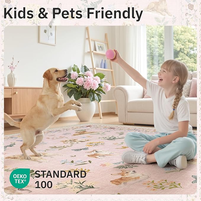 Soalmost Dog 5x7 Area Rugs for Living Room, Machine Washable Animal Floral