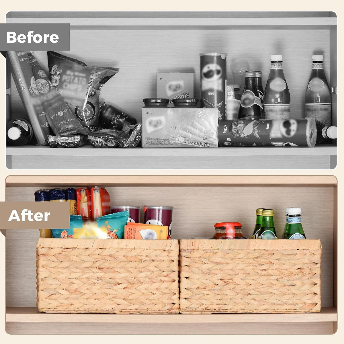 Set of 2 Wicker Shelf Storage Baskets for Organizing - Natural Durable Water Hyacinth Woven Basket Pantry Bin Organizers for Shelves with Handles for Home & Decor Organization, 12.5” x 8” x 6.5”