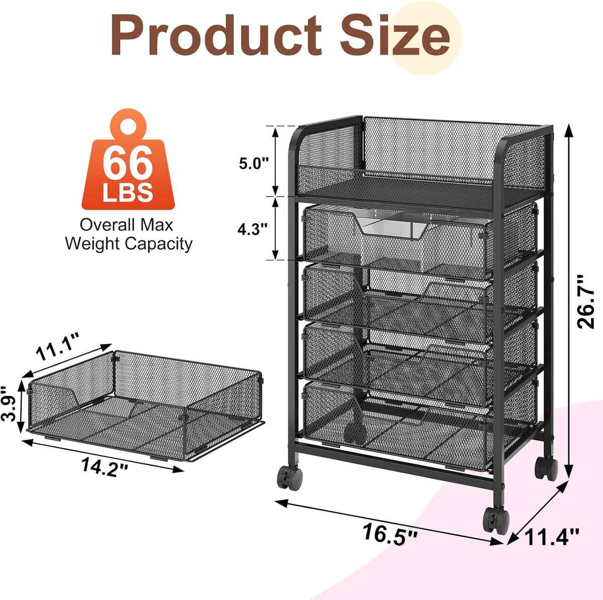 Hongtamoya Makeup Cart Organizer with 4 Drawers, Vanity Storage Organizer, Large Floor Skincare Organizers Cosmetics Display Cases for Skin Care Perfume Nail Polish, Black