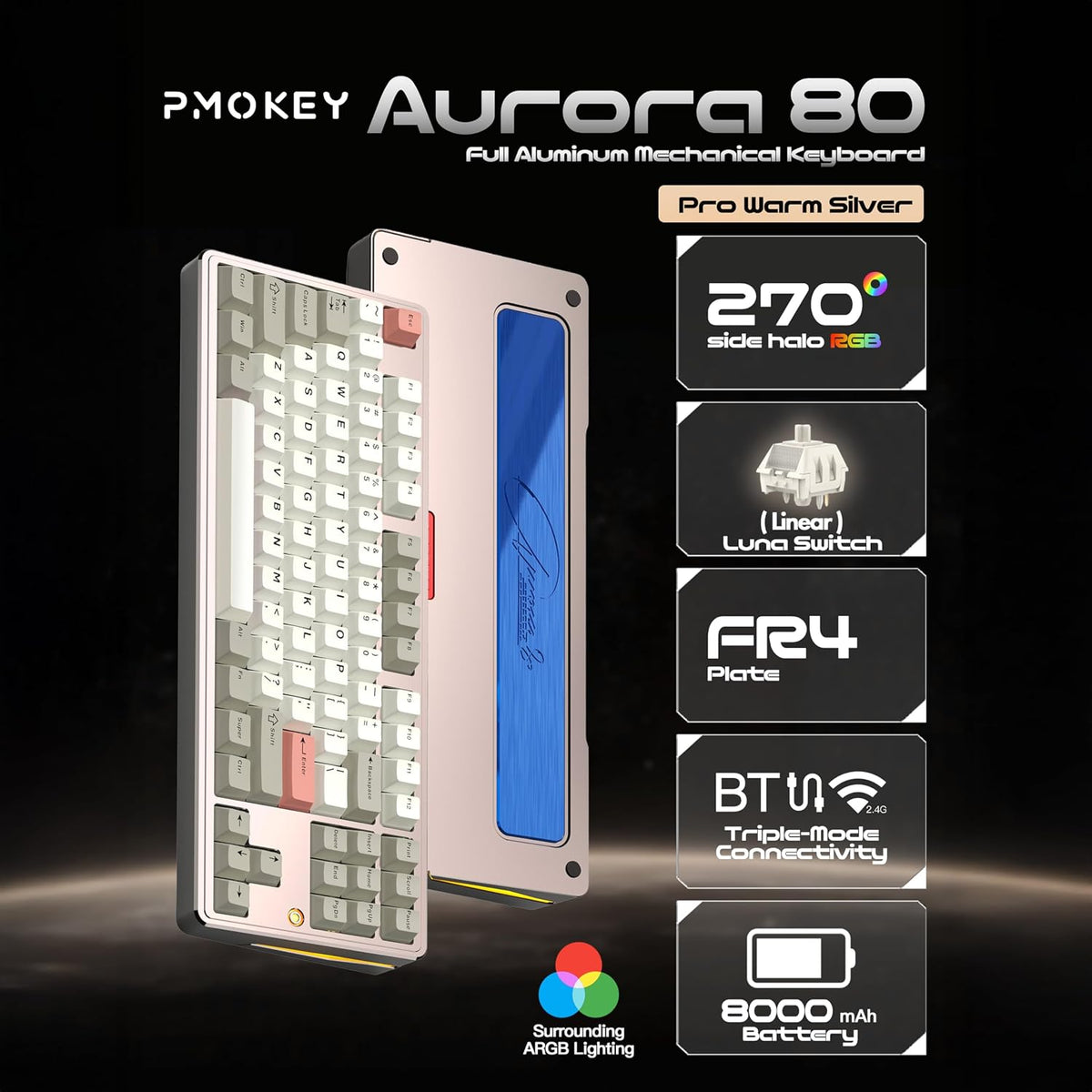 PMOKEY Aurora 80 CNC Full Aluminum Wireless Mechanical Keyboard with VIA/QMK, 8000mah Battery, Tri-Mode Wireless Gaming Keyboard Custom Hot Swappable RGB Backlit for Windows/Mac/PC (Pro Warm Silver)