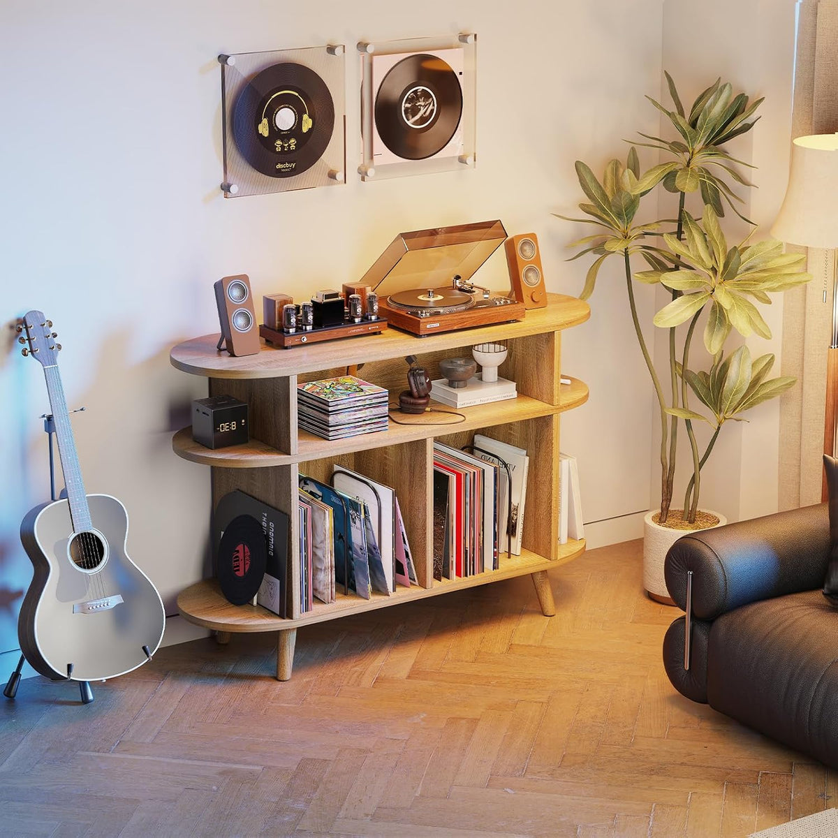 LIVEHOM Large Round Record Player Stand, Wood Record Storage Cabinet, Vinyl Record Holder with Display Area, Mid Century Modern Turntable for Living Room, Bedroom (Nature)