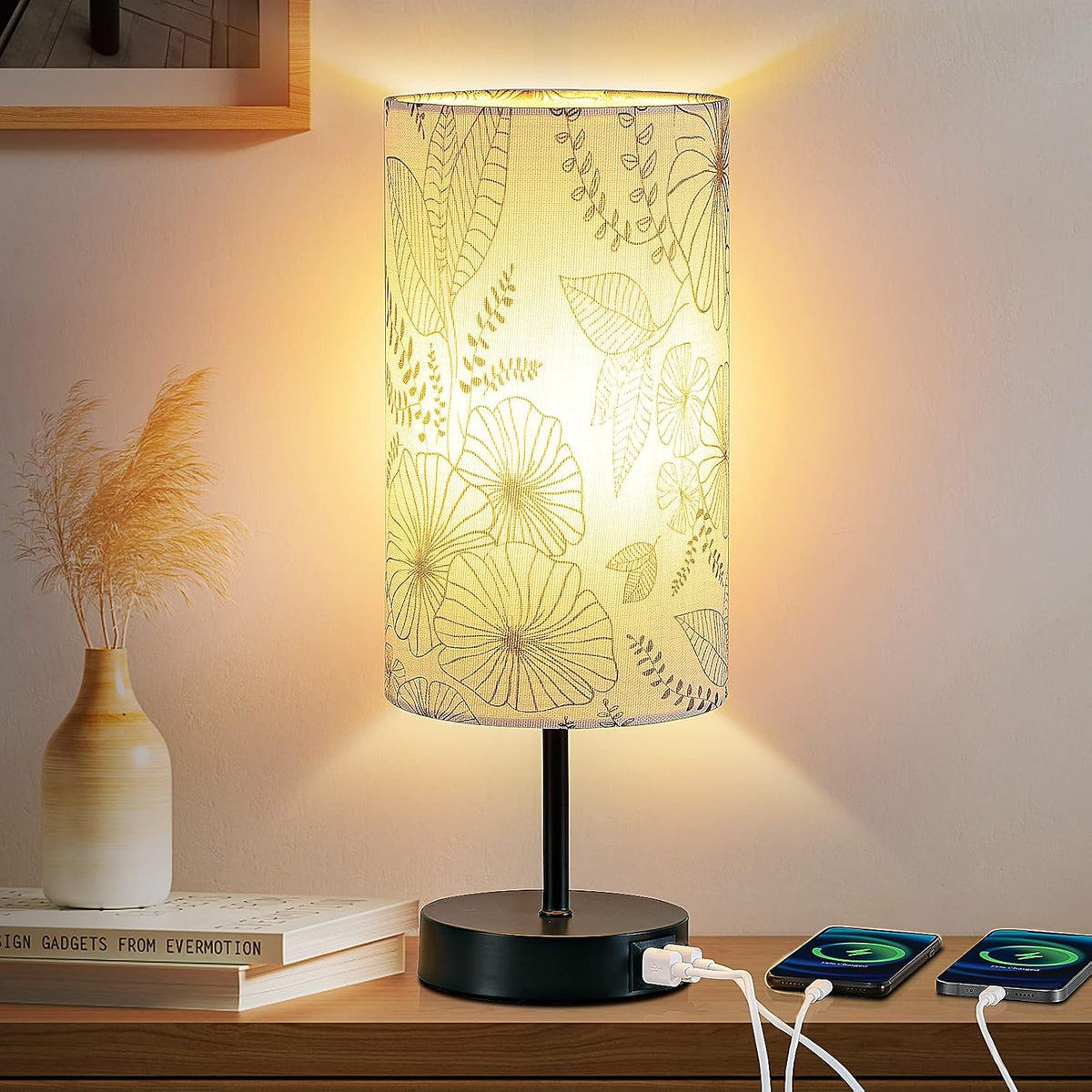 CINSARY Touch Control Bedside Lamp with 2 USB Ports, 3-Way Dimmable Table lamp for Bedroom, Nightstand Lamp with Round Flower Fabric Shade for Living Room Home Office (E26 LED Bulb Included)