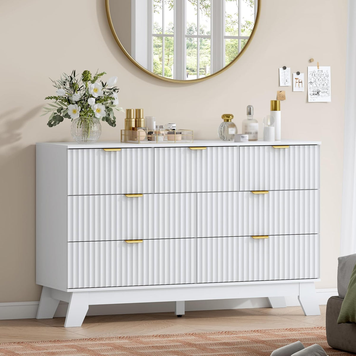 Wodeer 7 Drawer Fluted Dresser for Bedroom, Mid Century Modern Dresser with 7 Drawers, Dressers & Chests of Drawers with Metal Handle, TV Stand & Storage Organizer for Entryway, Hallway, White