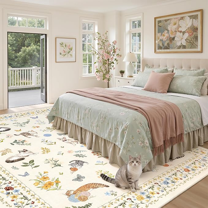Soalmost Cat 9x12 Area Rugs for Living Room, Machine Washable Animal Floral