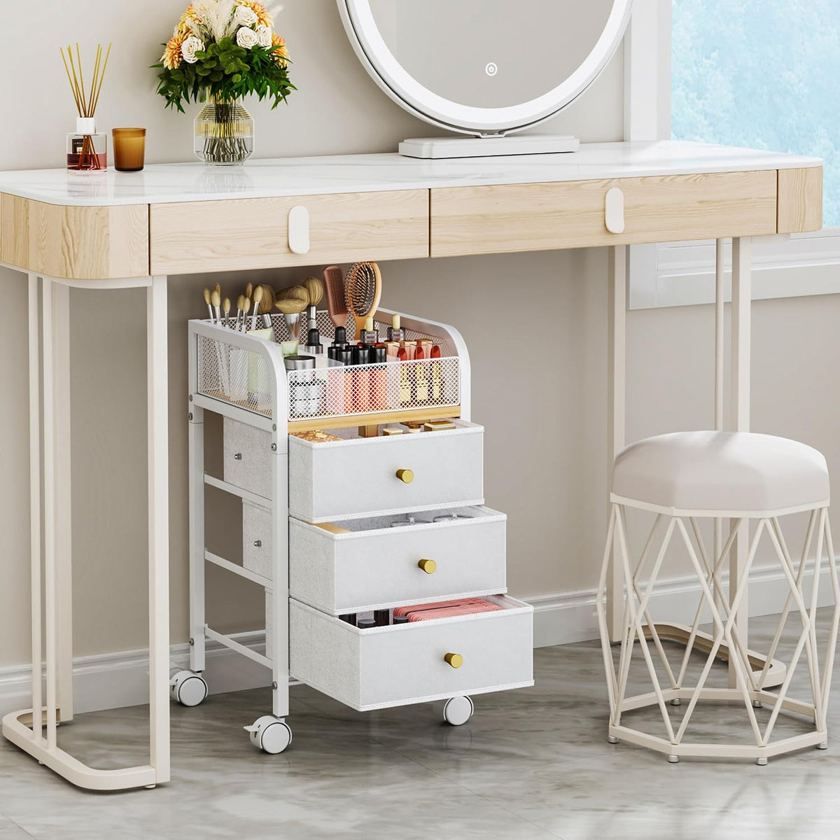 SWTYMIKI Rolling Makeup Organizer Cart - Under Desk Vanity Makeup Storage with 3 Non-woven Drawers, Nail Cart Organizer Cosmetic Display Cases Cabinet for Skin Care Perfume Nail Polish Brush Hair Tool