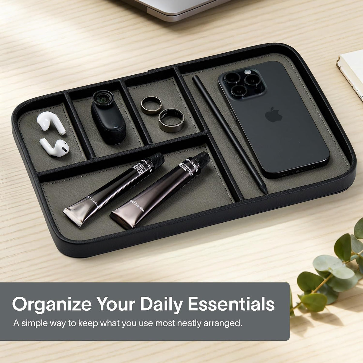 Nordik Leather Valet Tray - Large EDC Tray - Pebble Black 11.8 x 7.9 in