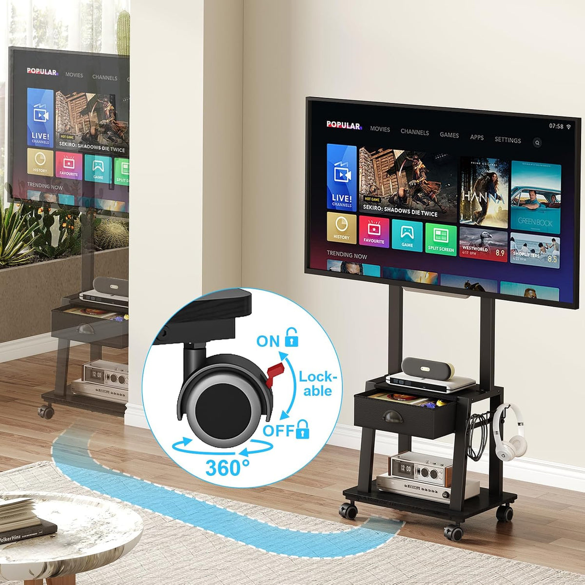 Mobile TV Stand with Drawer for 23-60 Inch TVs,Tilt Rolling TV Cart on Wheels with 2 Shelves Adjustable Height Portable TV Stand for Bedroom/Living Room Holds up to 50 lbs Max VESA 400x400mm