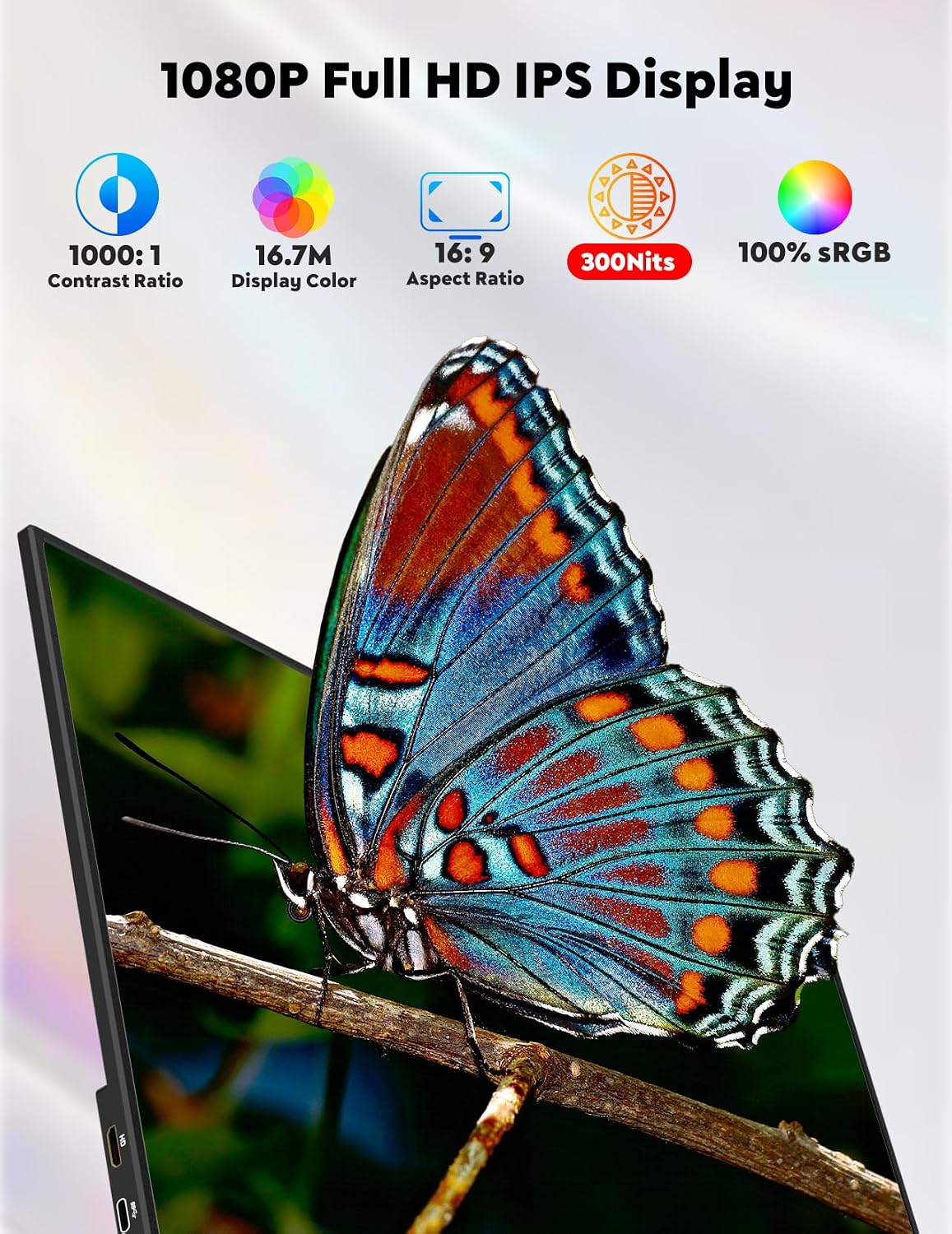 15.6” Portable Monitor with Adjustable Stand, 1080P FHD IPS Screen Extender, USB-C/HDMI Port, Ultra Slim Travel Monitor with Eye Protection, Plug and Play for Laptop/PC/Mac/Android/Switch/PS5