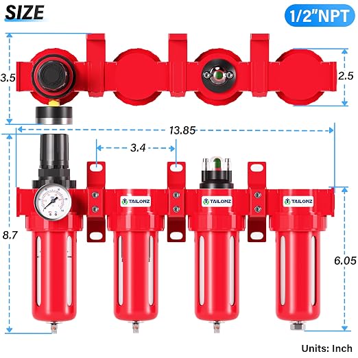 TAILONZ PNEUMATIC 1/2 Inch NPT 0-150 PSI Red Industrial Grade 4 Stage Air