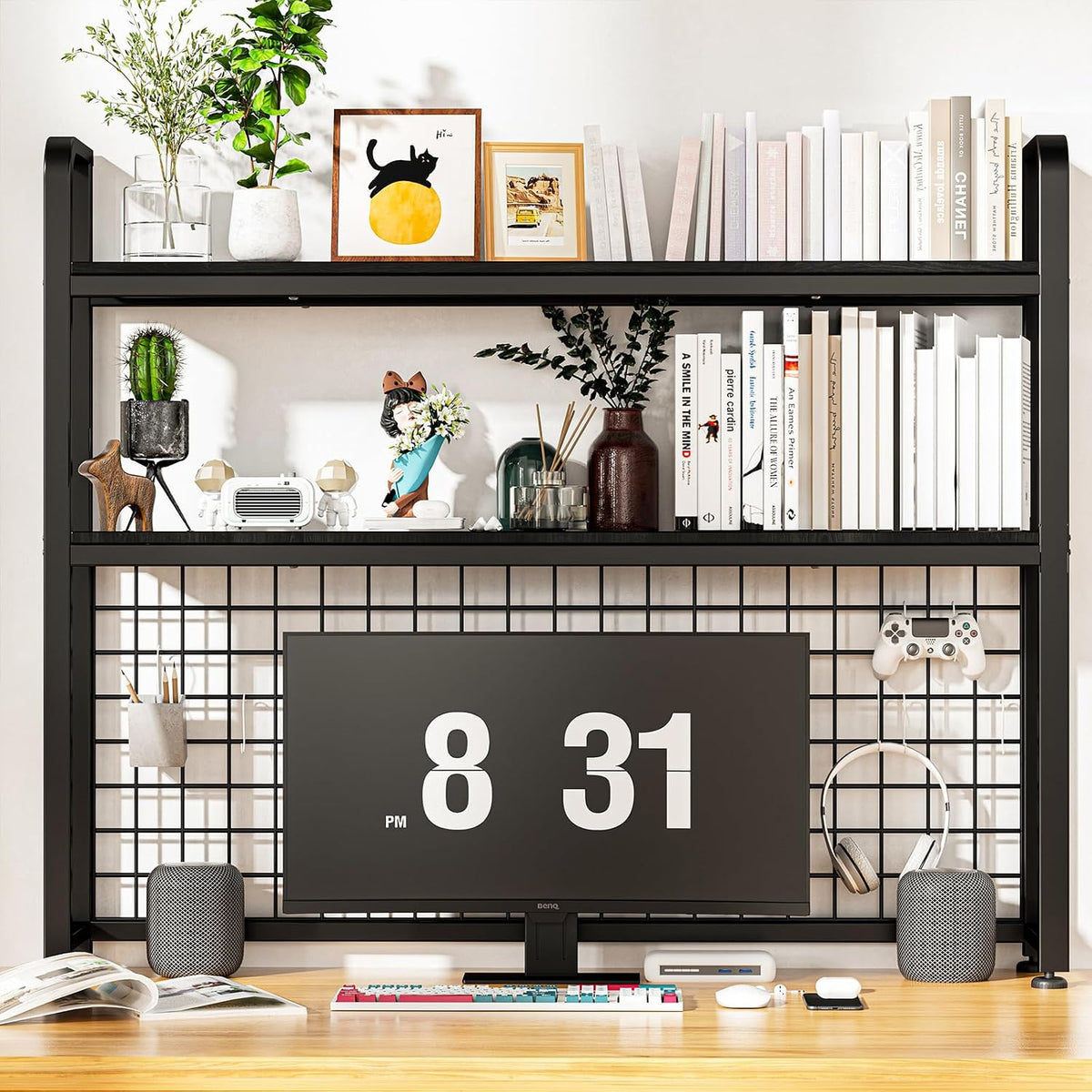 HUATOL Desktop Bookshelf for Computer Desk, 2-Tier Multipurpose Wood Countertop Bookshelf, Wooden Desktop Bookcase, Multipurpose Freestanding Storage Rack Display Shelf for Office, Home Decor, Black