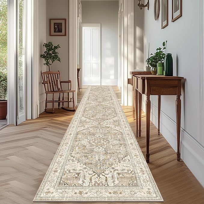 Yamaziot Washable Runner Rug, Stain Resistant Low Pile Distressed Carpet Runner