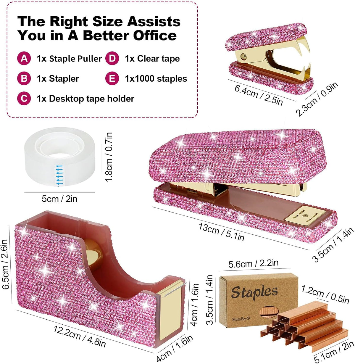 MultiBey Bling Desk Organizer: Stapler, Tape Dispenser, Staple Puller