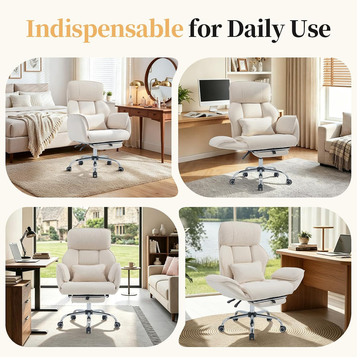 Criss Cross Office Chair with Footrest - 5-Gear Flat Armrests Corduroy Desk Chair, Reclining Wide Ergonomic Computer Chair with Lumbar Pillow, High Back Swivel Vanity Chair