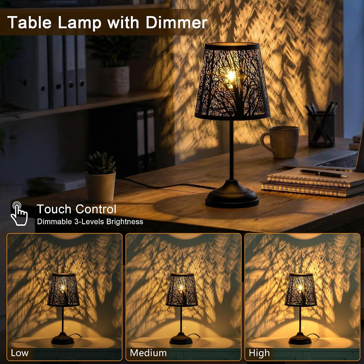 ZQQLITE Touch Control Table Lamp, Black Metal Tree Pattern Shadow Lamp Lights Mini Lamps with dimmable 3-Levels Brightness Vintage Accent Decor Lamp Indoor Mood Lighting Bedroom Living Room (Black)