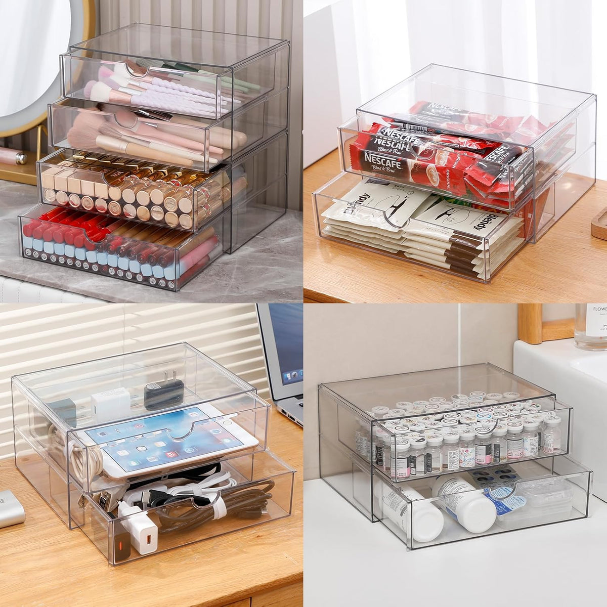 Clear Desk Drawer Organizer, 6 Drawers, Plastic