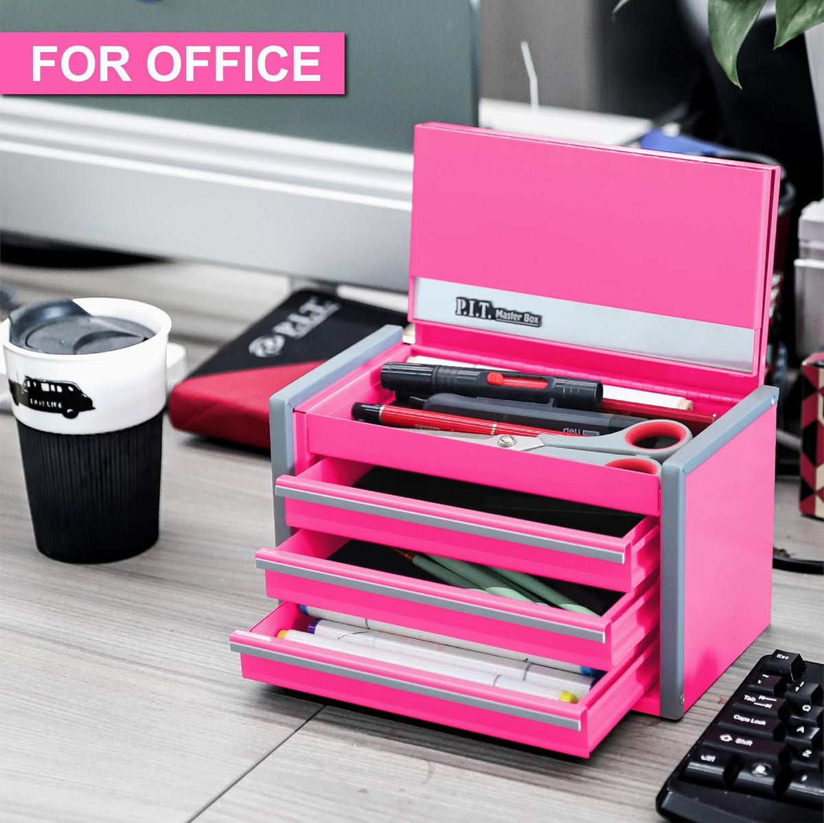 P.I.T. Mini Tool Box,3 Drawers Small Metal Toolbox for Tools Storage,Pink