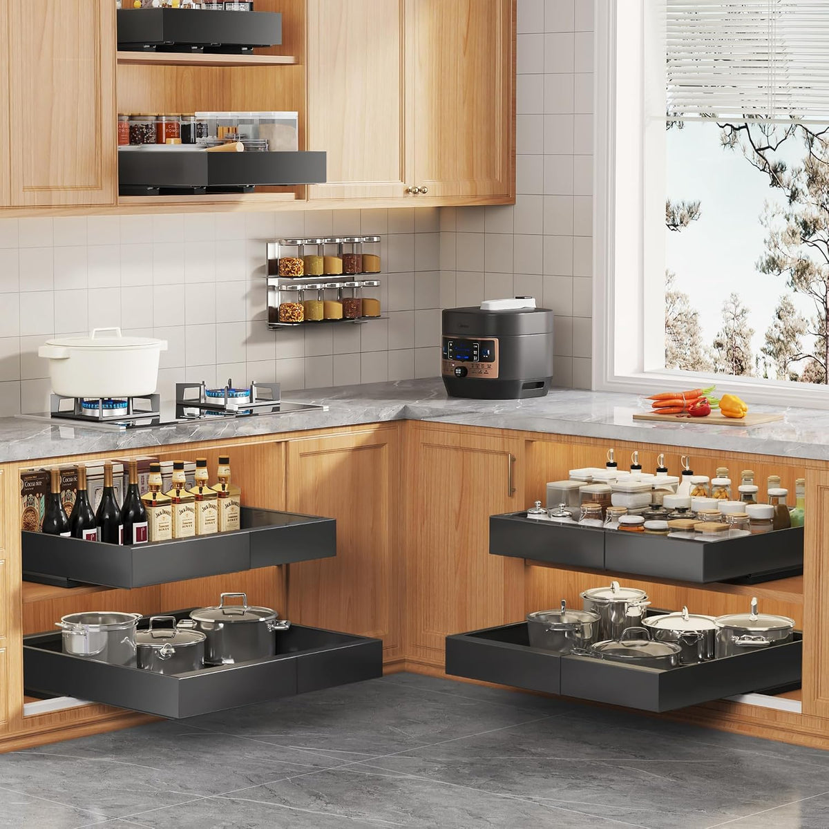 Seinloes 2 Pack Expandable Pull Out Cabinet Organizer 16.5"Deep With Raising Pad for Framed Cabinets,Upgrade 3 Slide Rails Slide Out Drawers,No Drill Roll Out Shelves,Adjustable Width 12.2"-20.4"Black