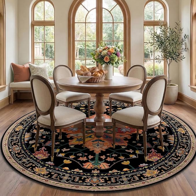 RELEANY Area Rugs Round 7ft Washable Non-Slip, Floral Vintage Distress