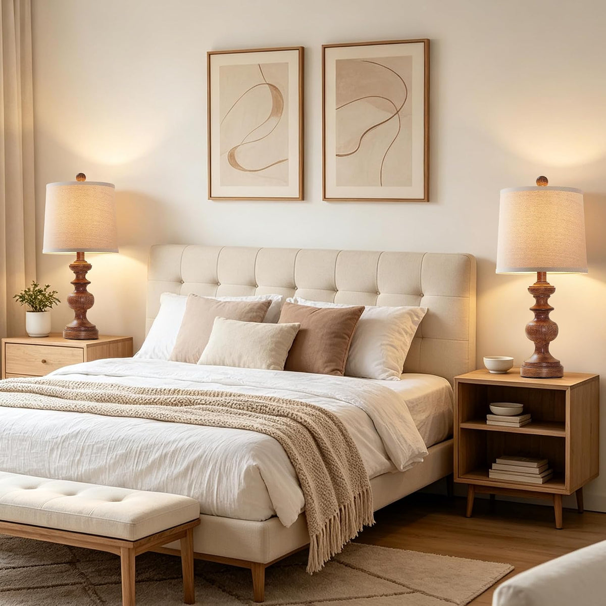 PARTPHONER Farmhouse Table Lamp Set of 2, Rustic Table Lamps for Living Room Bedroom, 22" Mid Century Modern Desk Lamp Bedside Nightstand Lamps with Linen Tapered Drum Shades, Wood Grain