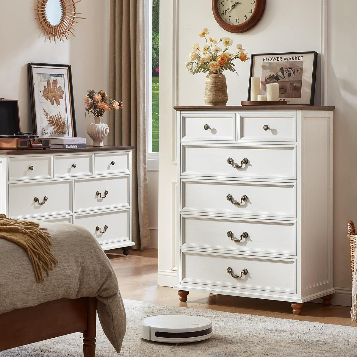Joaxswe Farmhouse 6 Drawer Dresser Set of 2 for Bedroom, 42" Tall Rustic Chests of Drawers w/ 4 Solid Wood Feet, Mid Century Vintage Wooden Closet Storage Dressers Organizer for Living Room,White