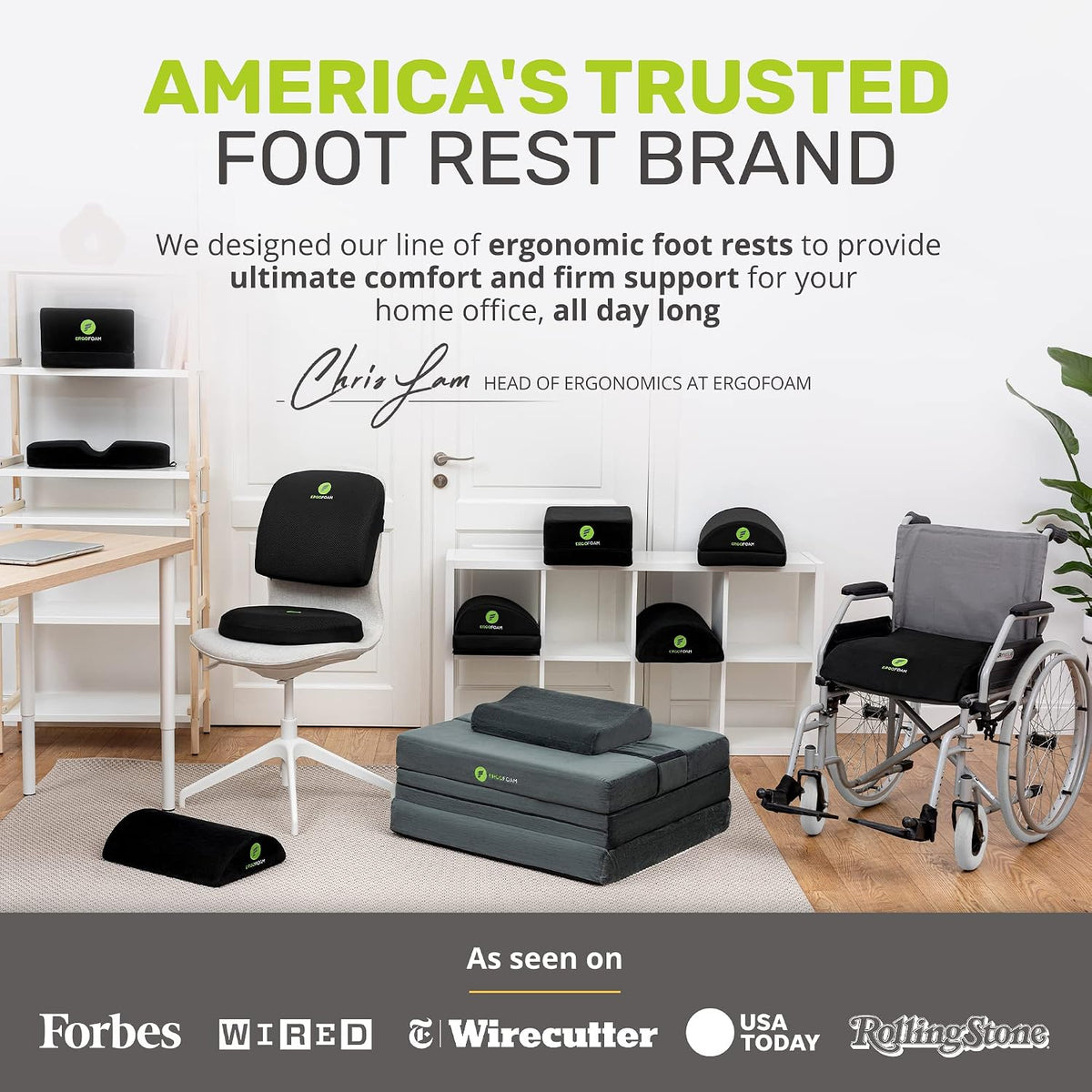 ErgoFoam Flat-Top Adjustable Foot Rest - High-Density Compression-Resistant Foam, Non-Slip, Black, Modern, Office