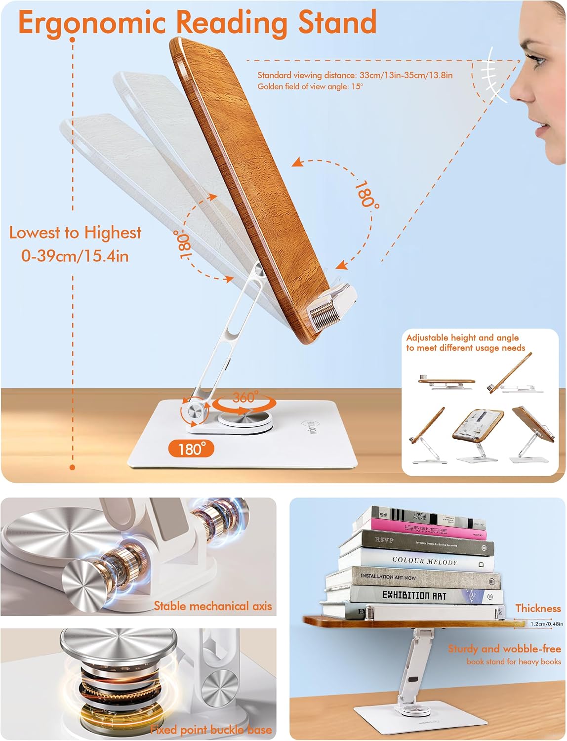 Book Stand for Reading, Adjustable Book Holder for Reading Hands Free, 360° Rotating Reading Stand, Large Rubberwood Cookbook & Bible Stand, Textbook Stand for Desk, Foldable Book Stand