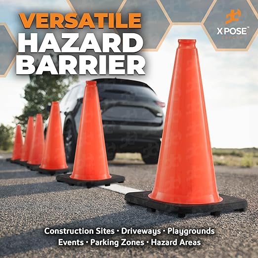 Xpose Safety 18 Inch Orange Traffic Cones, 48-Pack - Multipurpose PVC Plastic Safety Cone for Parking, Soccer, Caution, Kids and Construction - DOT Approved