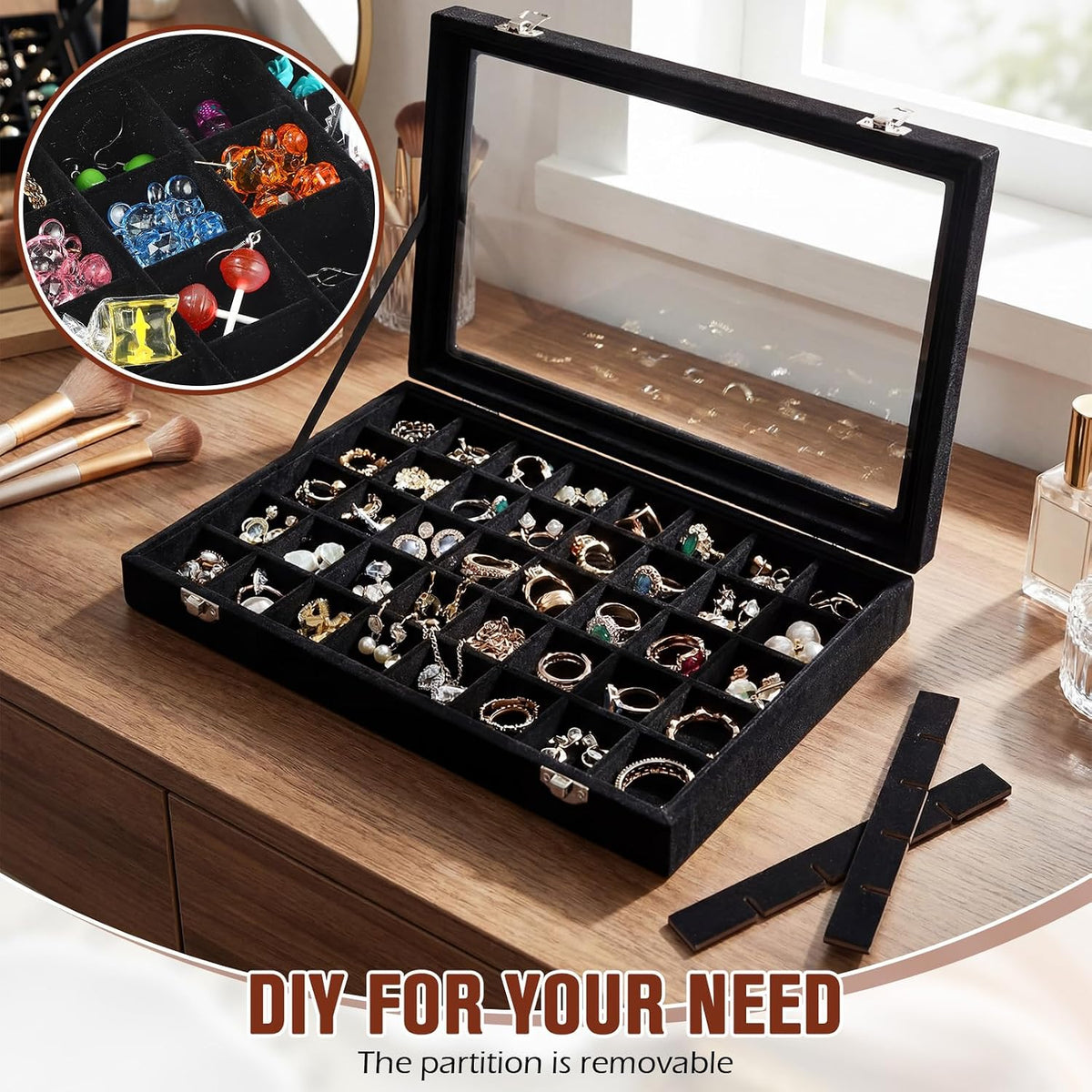 Nosiny 2 Pcs 48 Grid Jewelry Tray with Transparent Lid, Rock Collection Box