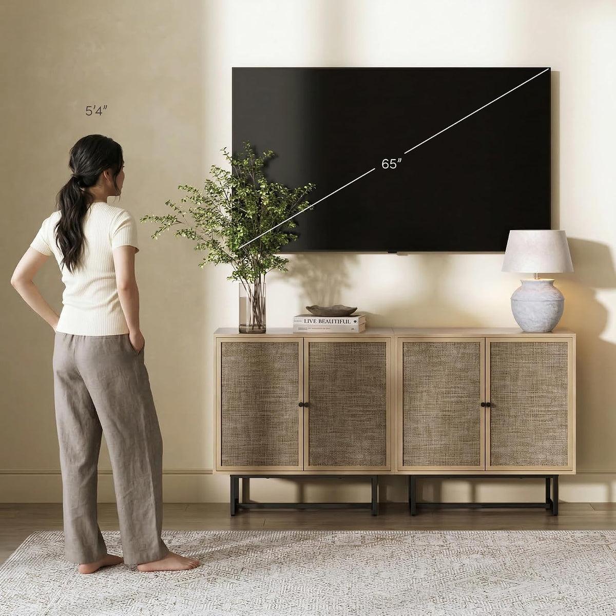 Nathan James Kova Rattan Wood Accent Sideboard Storage Cabinet TV Stand with Matte Metal Frame, Adjustable Shelves and Cane Doors, for Hallway, or Living Room, Light Oak/Cane/Black, Set of 2